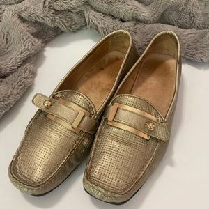 Stuart Weitzman Metallic Gold Perforated Leather Buckle Loafers Size 6.5